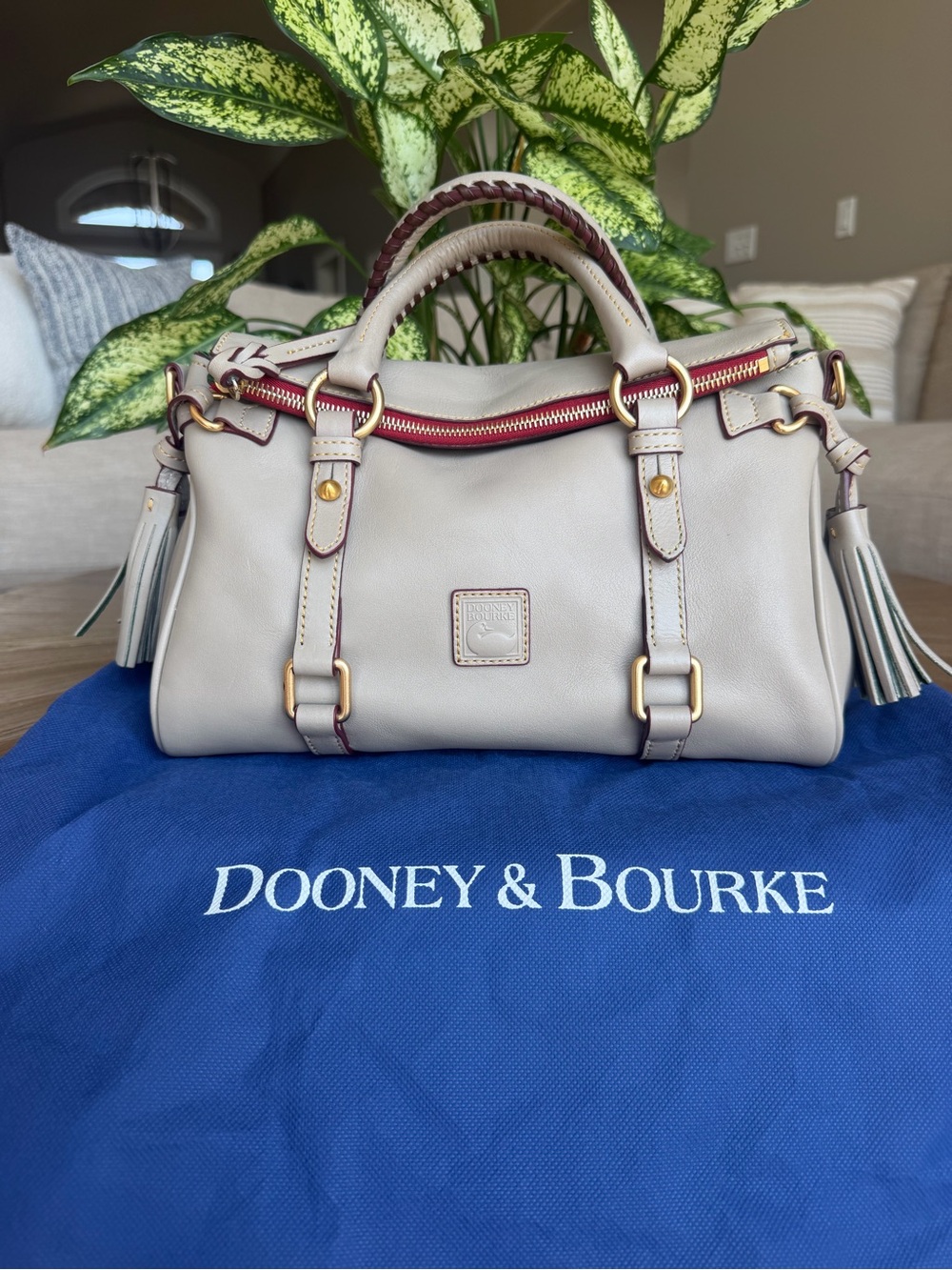 Dooney & Bourke Ecru Leather Satchel with Burgundy Trim